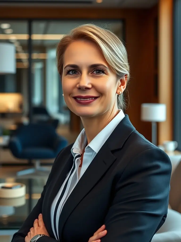 A dynamic image of a corporate headshot session, capturing a professional smiling confidently in a modern office setting, demonstrating NJ Photo Studio's skill in corporate portraits.