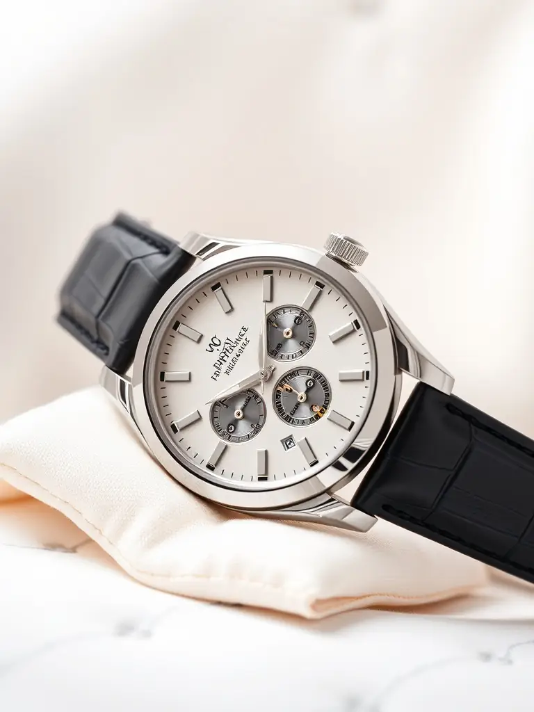 A brightly lit product shot of a high-end watch on a clean white background, showcasing its intricate details and luxurious design, intended to highlight NJ Photo Studio's expertise in product photography.