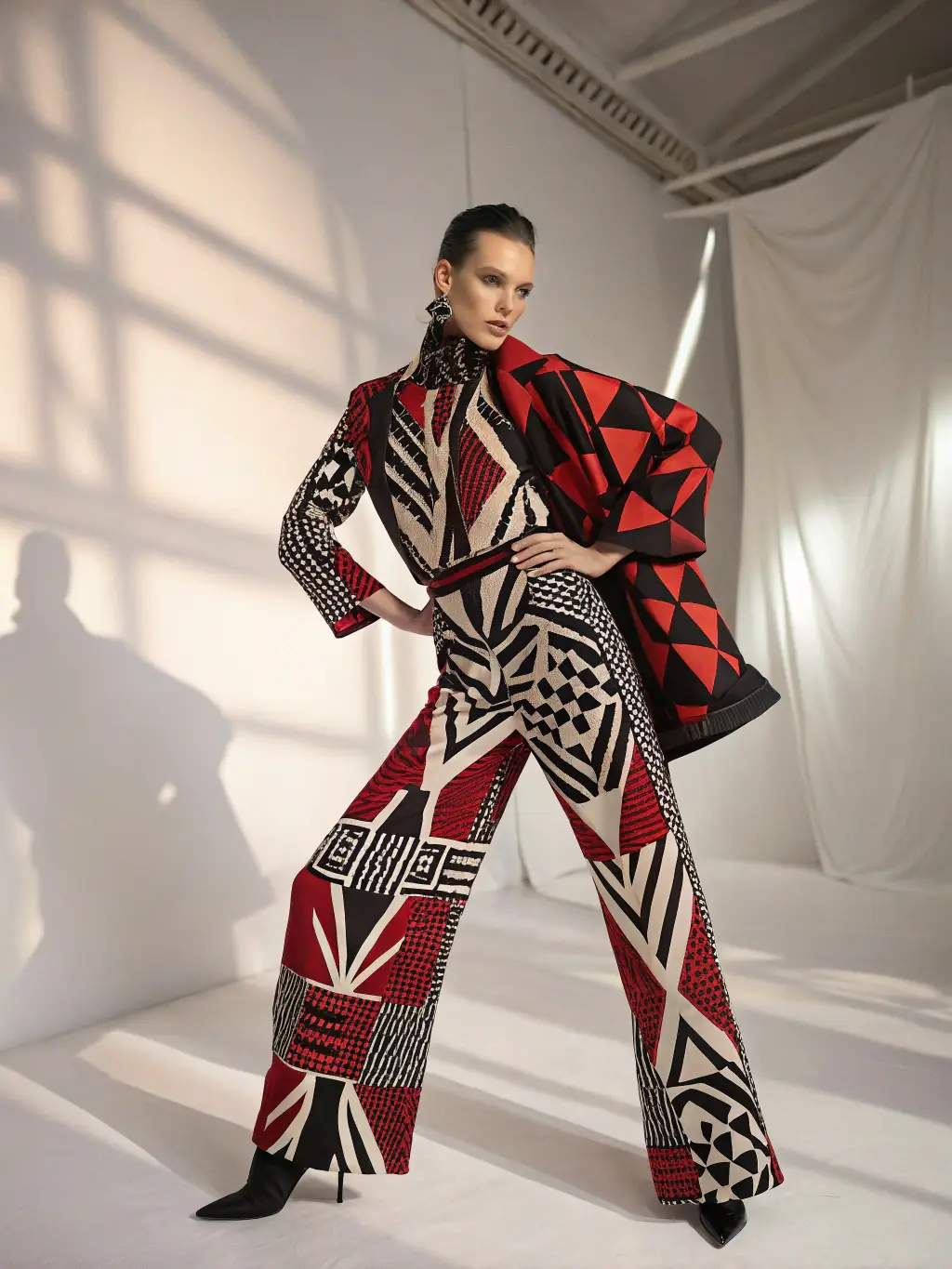 A captivating image of a model showcasing clothing in a studio, emphasizing the fabric and design, intended to demonstrate NJ Photo Studio's expertise in fashion photography.